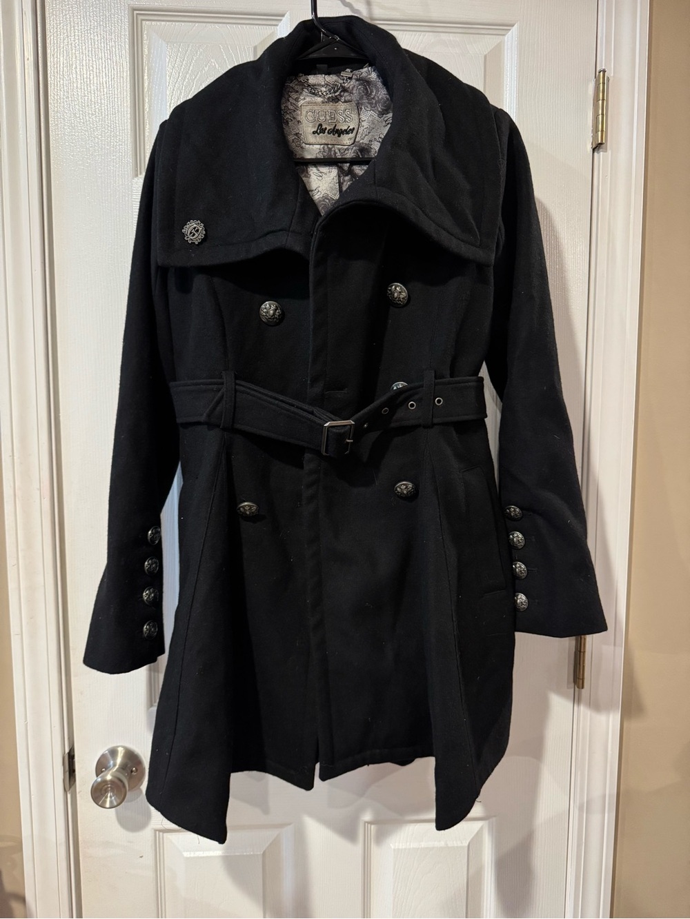 Guess Black wool blend Double-Breasted Belted Pea Coat size small